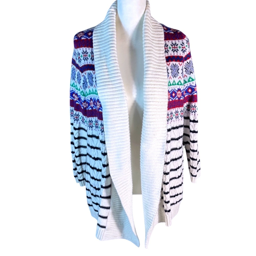 Talbots Cardigan Women 1XP White Fair Isle Striped Shawl Collar Open Sweater